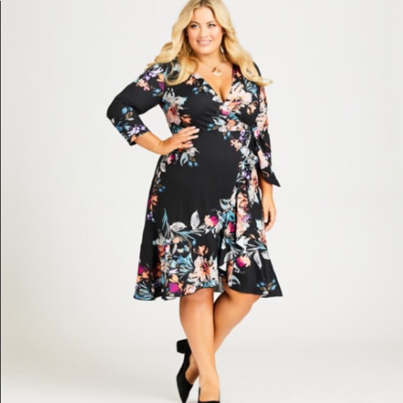 22/24W Floral Deep V-Neck Midi Length Wrap Dress - Picture 3 of 16